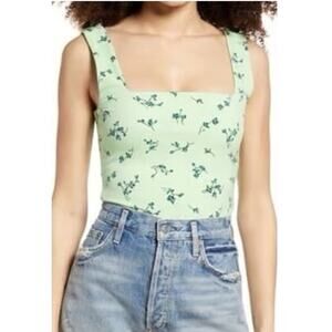 Leith Nora Floral Tank Top Size S Green Veranda‎ Square Neck Cropped Sleeveless